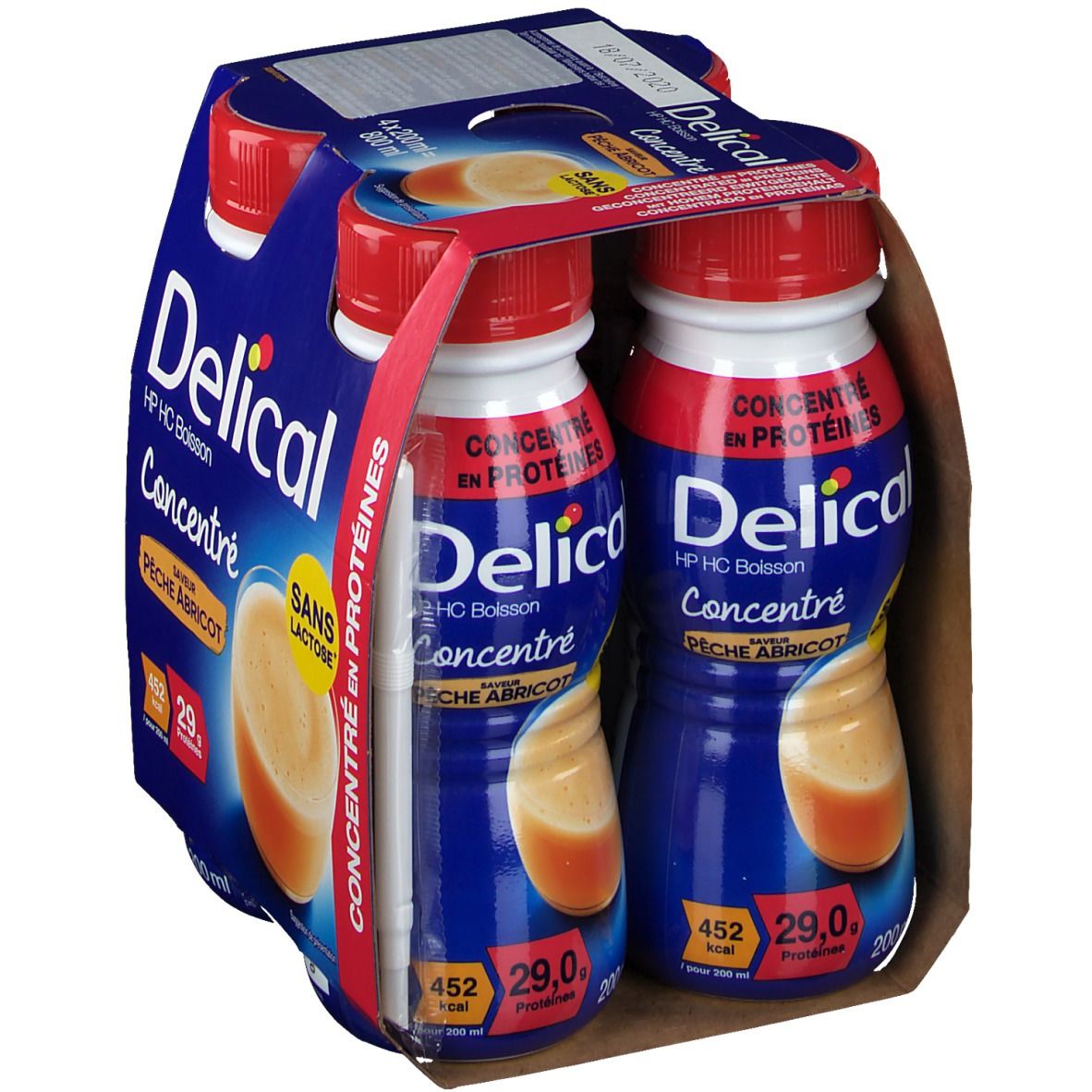 Pack de Delical HP HC Boisson concentrée Pêche Abricot. 4 bouteilles à bouchon rouge. Inscription : 29g protéines, sans lactose.