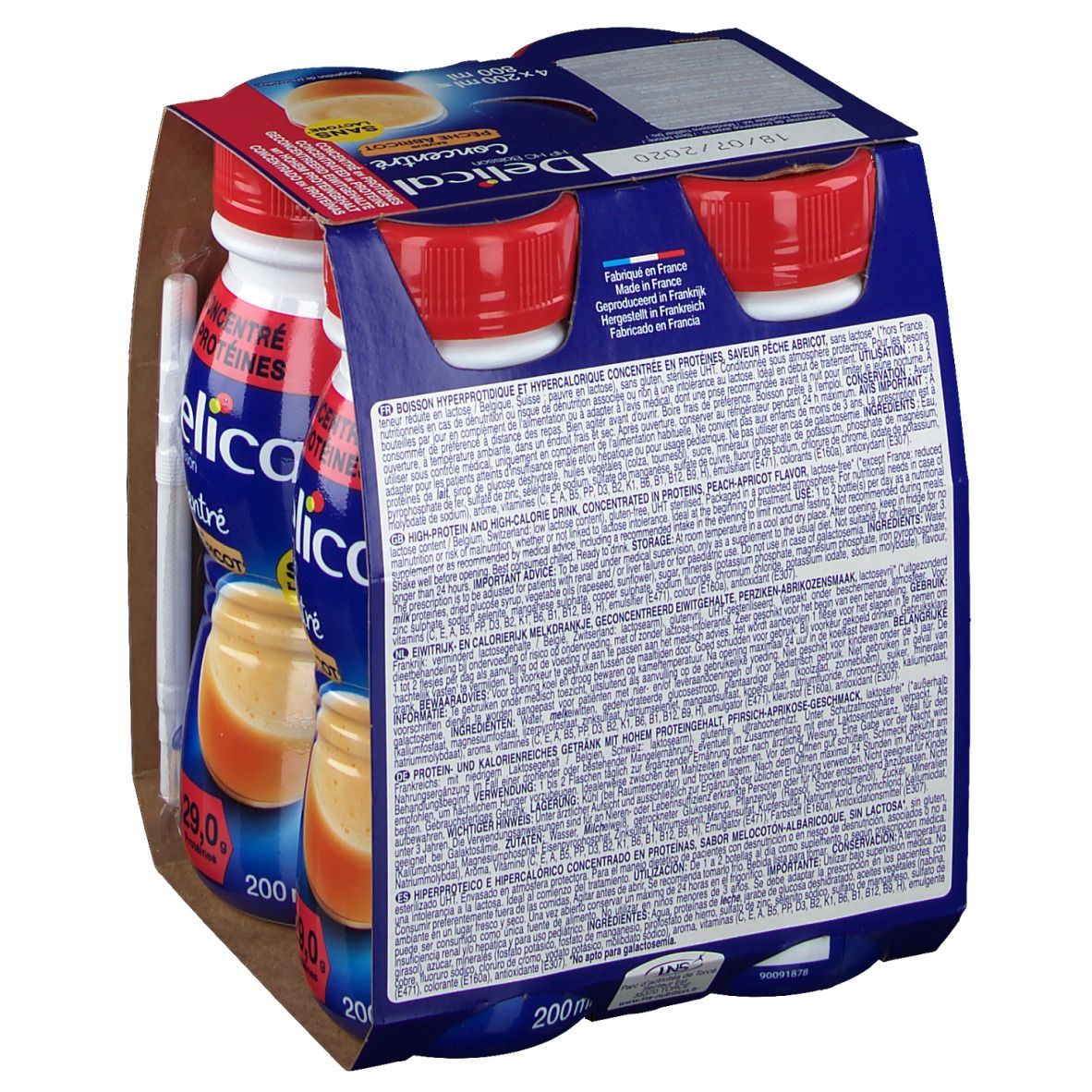 Dos du pack Delical HP HC Boisson concentrée Pêche Abricot. Texte multilingue. 4 bouteilles à bouchon rouge.