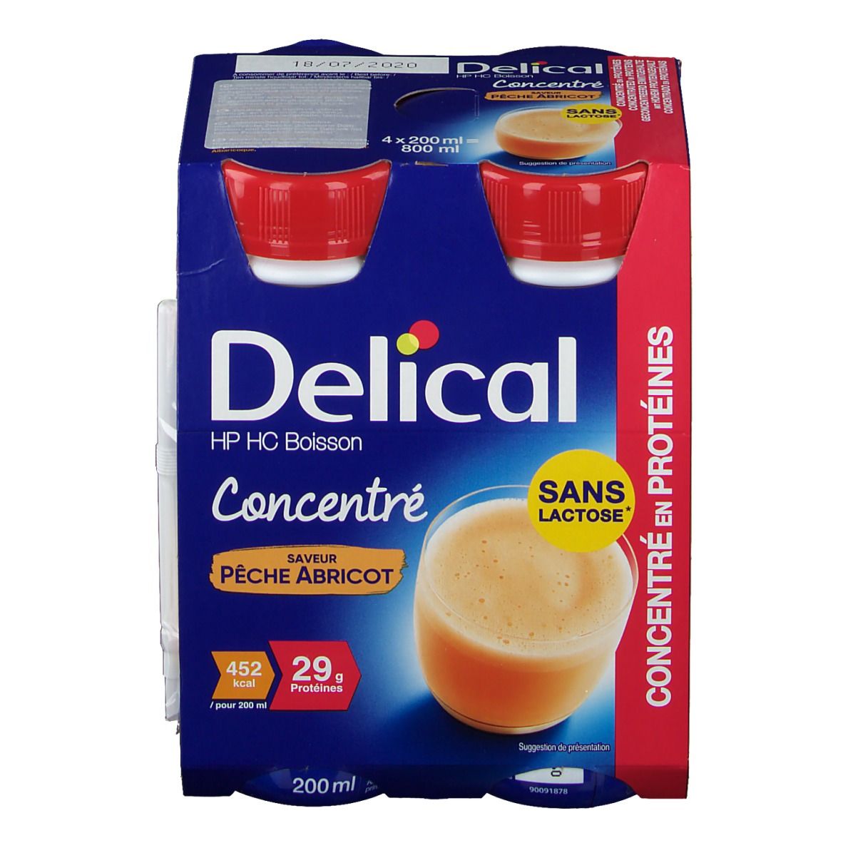 Pack de Delical HP HC Boisson concentrée Pêche Abricot. 4 bouteilles à bouchon rouge. Inscription : 29g protéines, sans lactose.