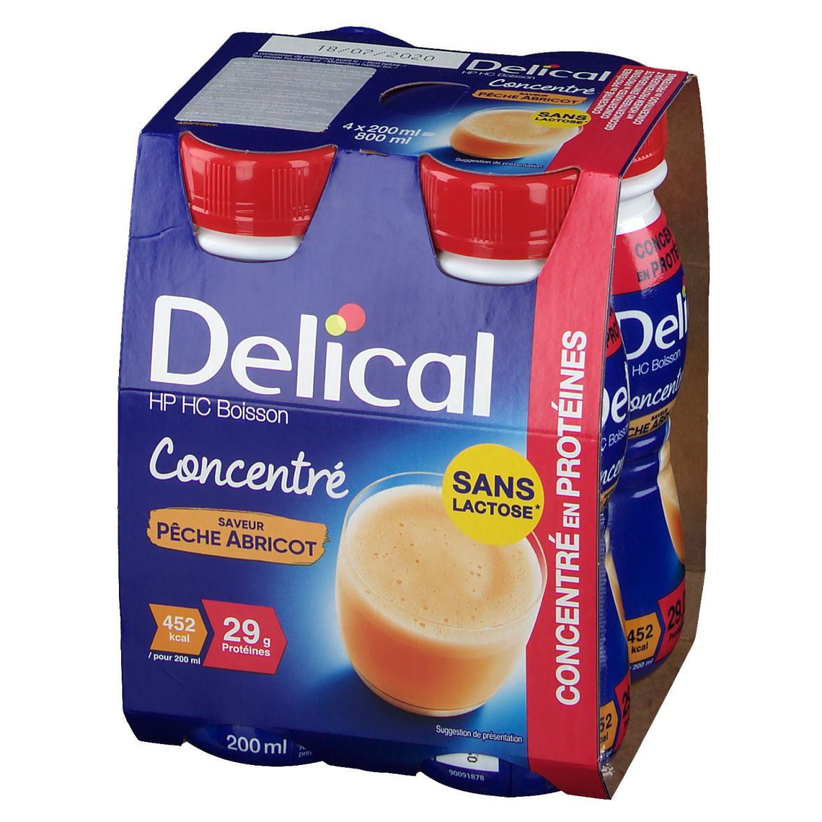 Pack de Delical HP HC Boisson concentrée Pêche Abricot. 4 bouteilles à bouchon rouge. Inscription : 29g protéines, sans lactose.