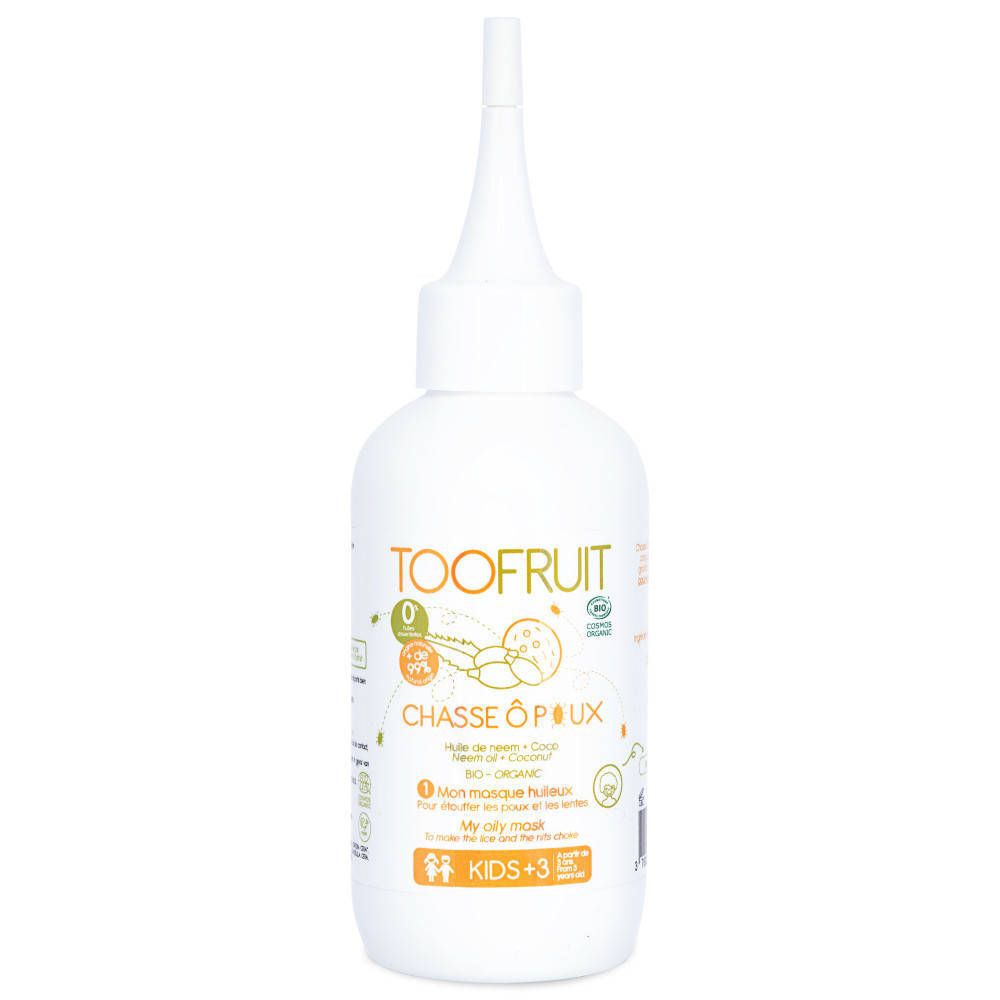 Flacon blanc avec embout. Inscription: TOOFRUIT, CHASSE Ô POUX, My oily mask. Pour enfants +3 ans.