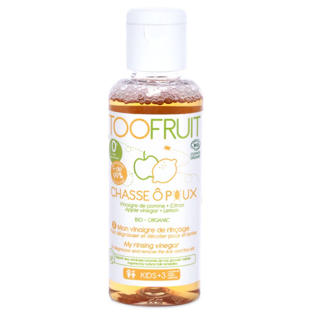 Flacon TOOFRUIT CHASSE Ô POUX. Bouchon blanc, liquide transparent. Inscriptions: CHASSE Ô POUX, Bio-Organic, KIDS +3.