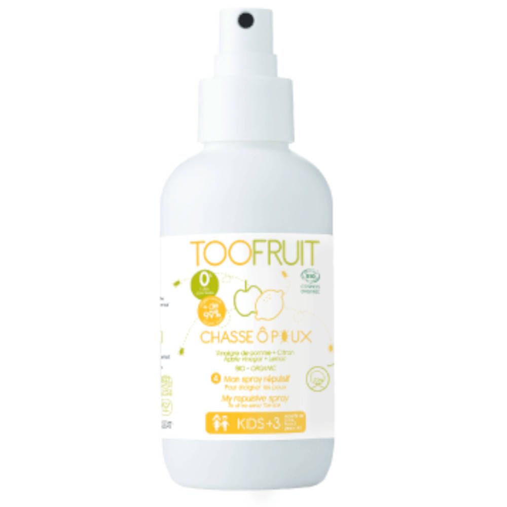 Flacon spray blanc TOOFRUIT. Texte: CHASSE Ô POUX, My repulsiv spray. Pour enfants +3 ans. Logo bio et illustration pomme-citron.