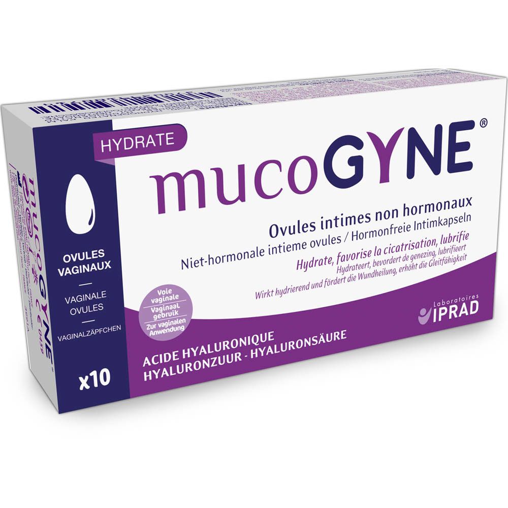 Mucogyne Intieme gel, niet-hormonaal op basis van hyaluronzuur. Tekst: Langdurige doeltreffendheid.