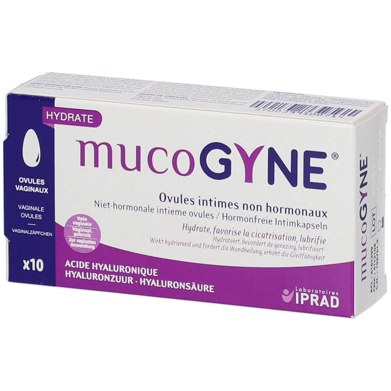 Doosje Mucogyne Ovules. Opschrift: Ovules intimes non hormonaux. 10 stuks. Met hyaluronzuur.