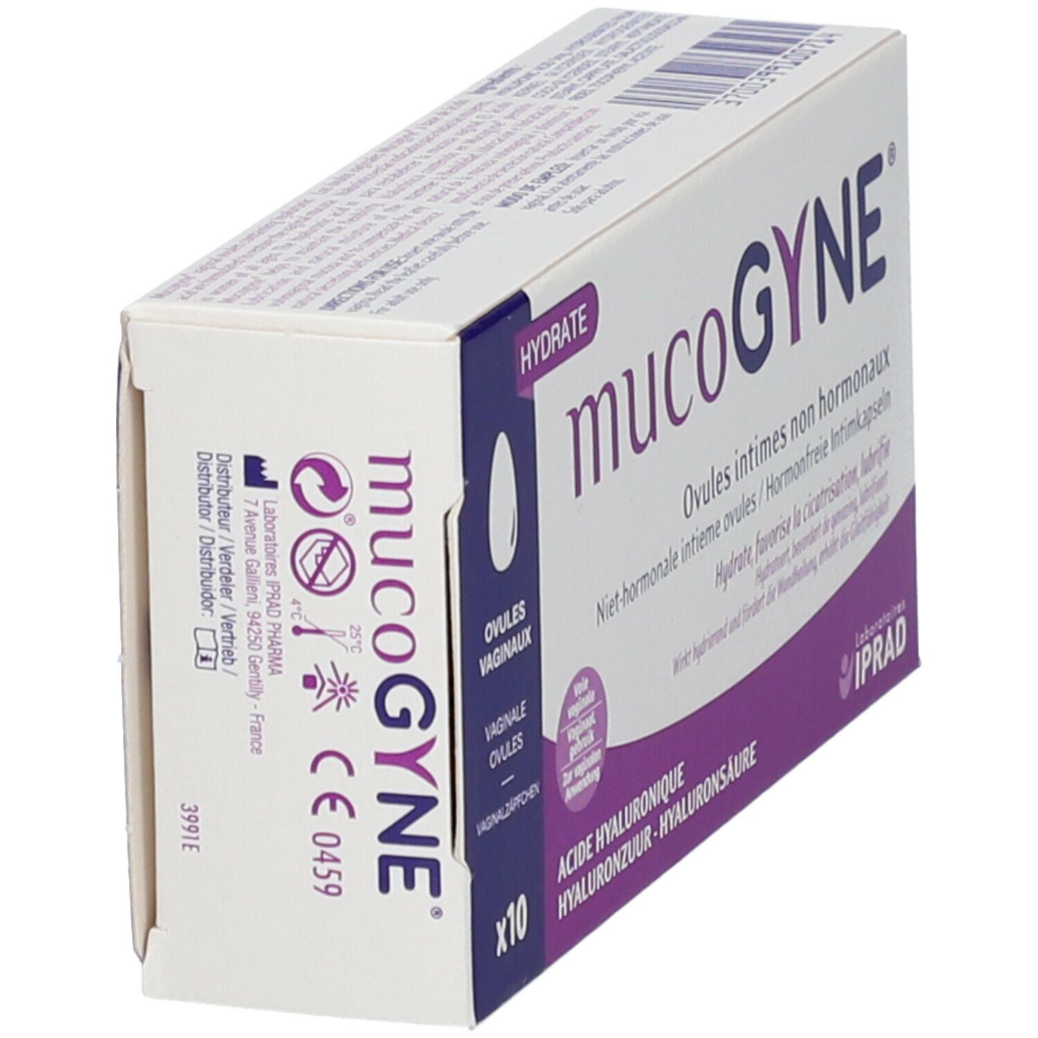 Doosje Mucogyne Ovules. Opschrift: Ovules intimes non hormonaux. 10 stuks. Met hyaluronzuur.