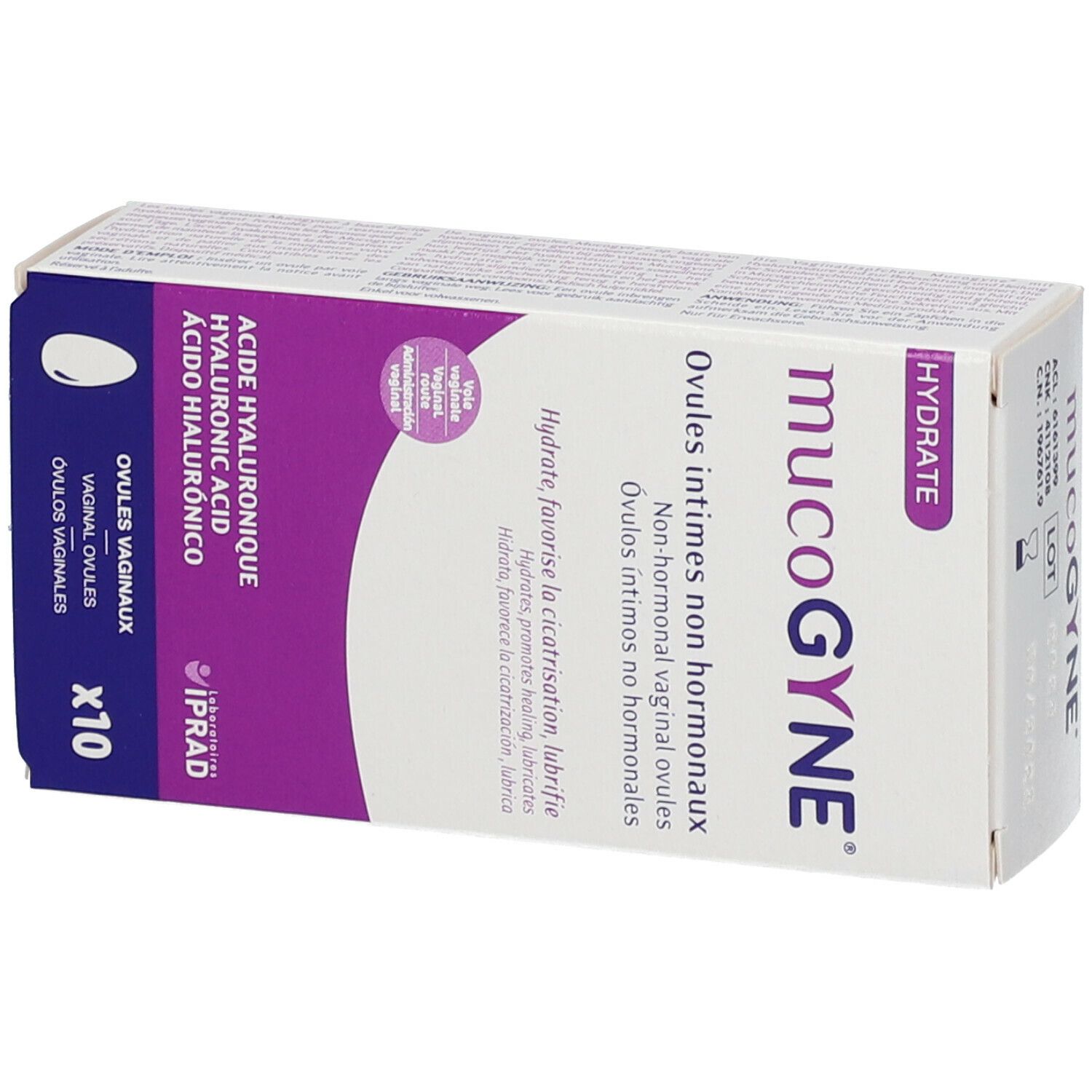 Doosje Mucogyne Ovules. Opschrift: Ovules intimes non hormonaux. 10 stuks. Met hyaluronzuur.