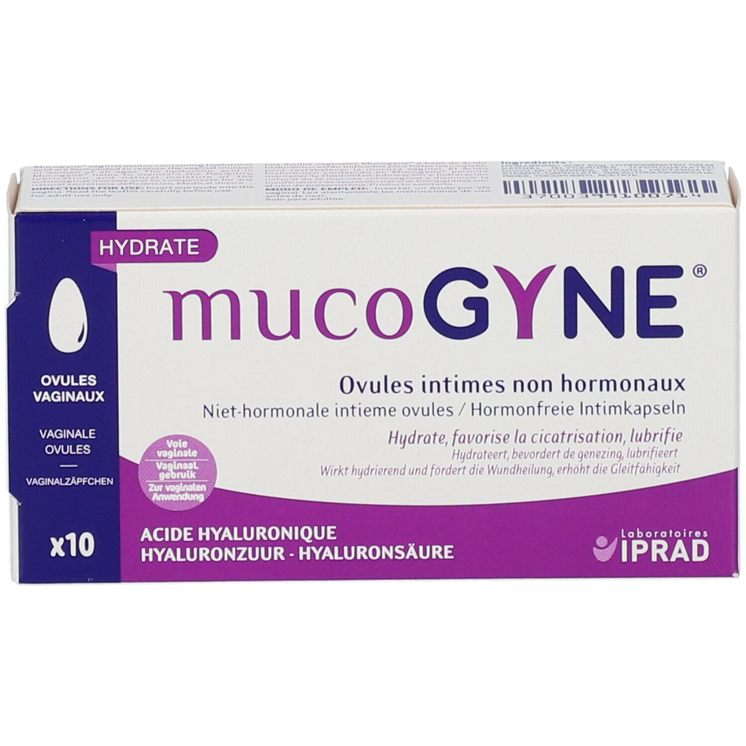 Doosje Mucogyne Ovules. Opschrift: Ovules intimes non hormonaux. 10 stuks. Met hyaluronzuur.