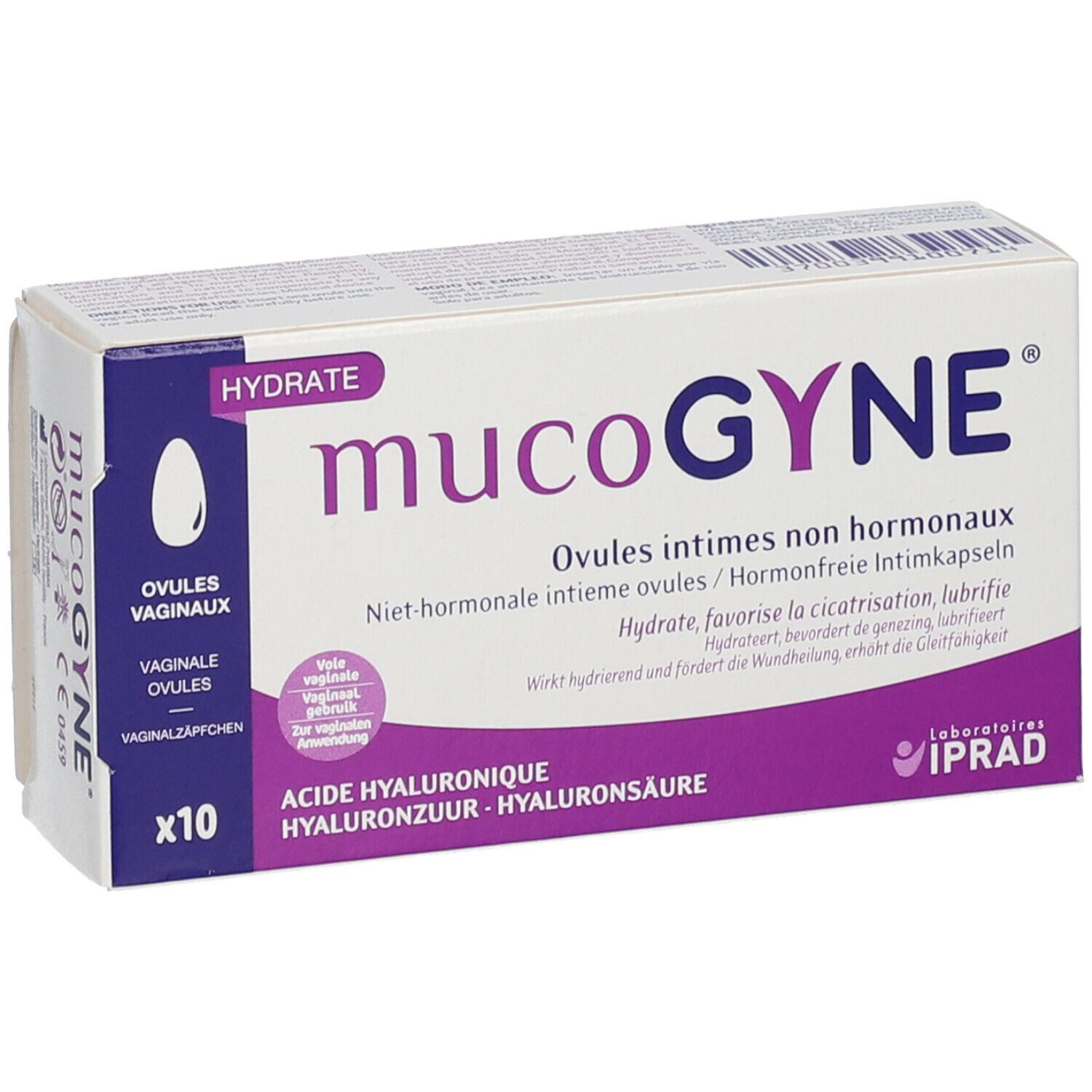 Doosje Mucogyne Ovules. Opschrift: Ovules intimes non hormonaux. 10 stuks. Met hyaluronzuur.