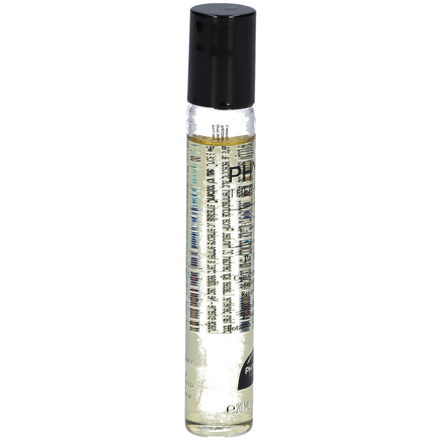 Flacon cylindrique, bouchon noir. Inscriptions et texte sur étiquette. Liquide clair visible.