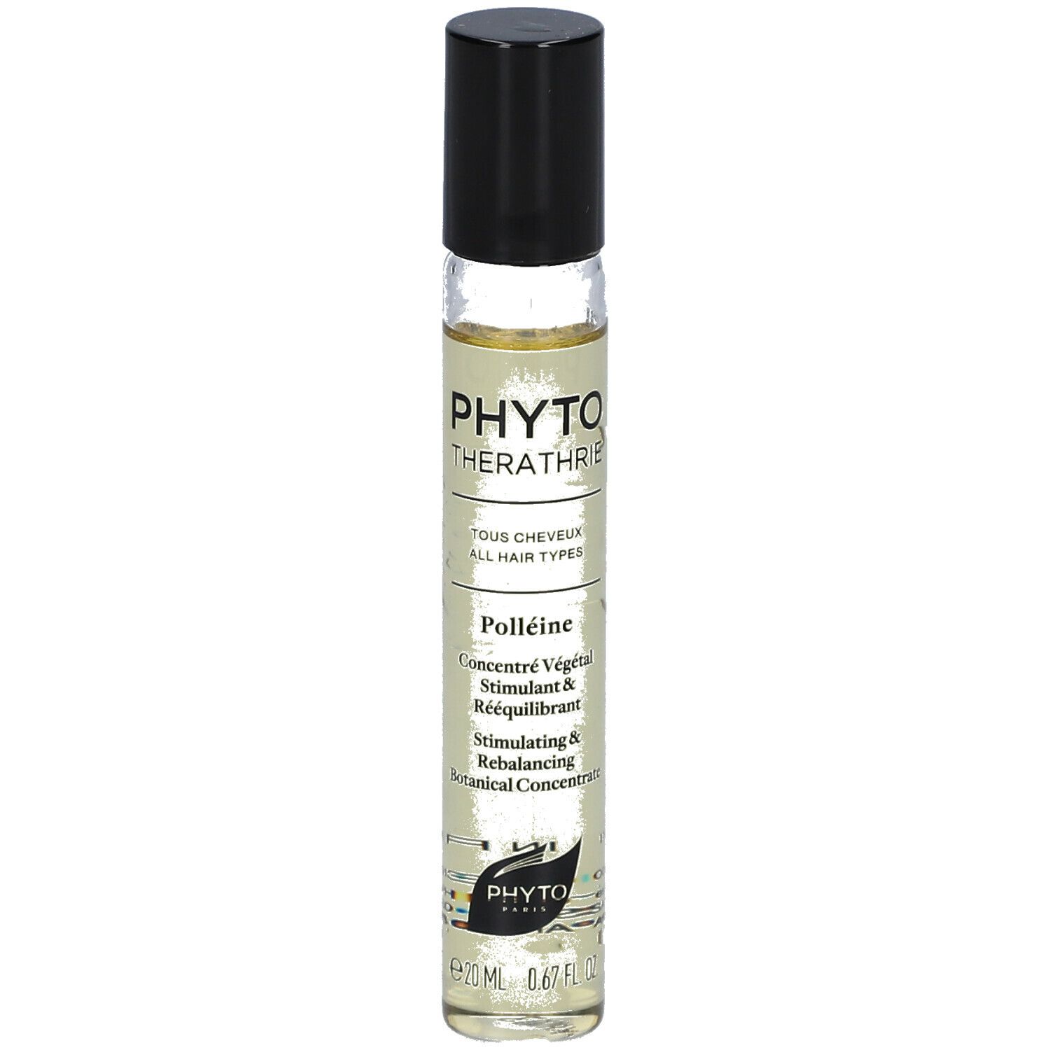 Flacon cylindrique, bouchon noir. Inscriptions: PHYTO, Polléine, Concentré. Liquide clair visible.