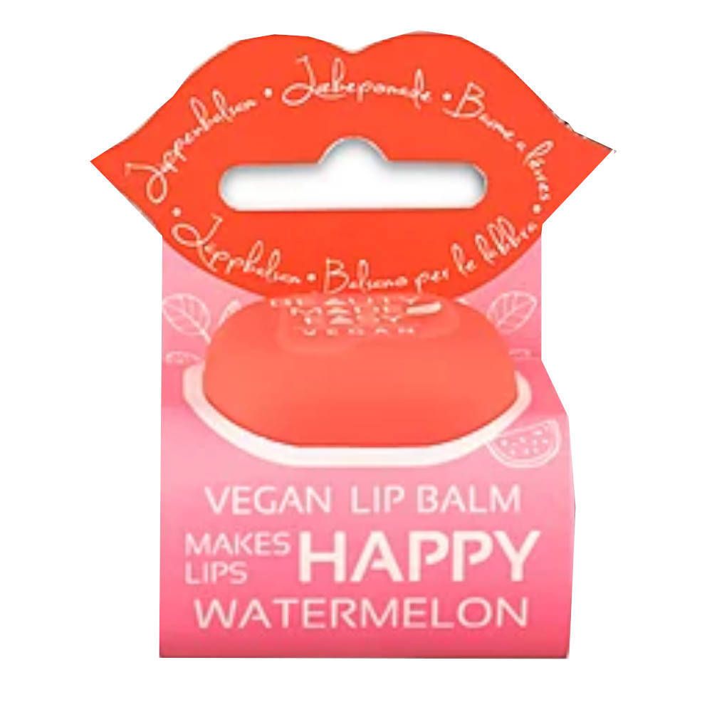 Baume à lèvres rouge dans un emballage. Inscription: Vegan Lip Balm, Happy Watermelon. Forme de lèvre en suspension.