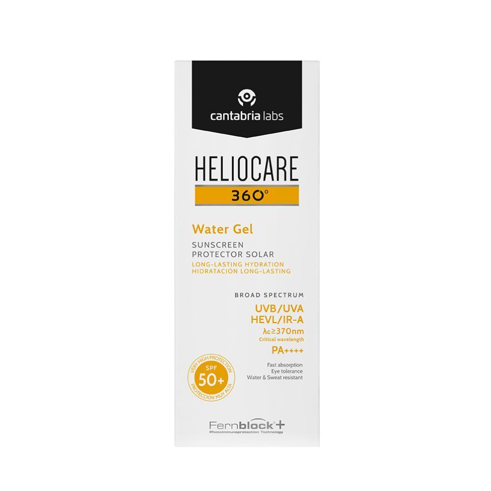 Confezione Heliocare 360° Water Gel LSF 50+. Bianca con parte superiore nera e dettagli gialli. Testo: protezione solare, SPF 50+.