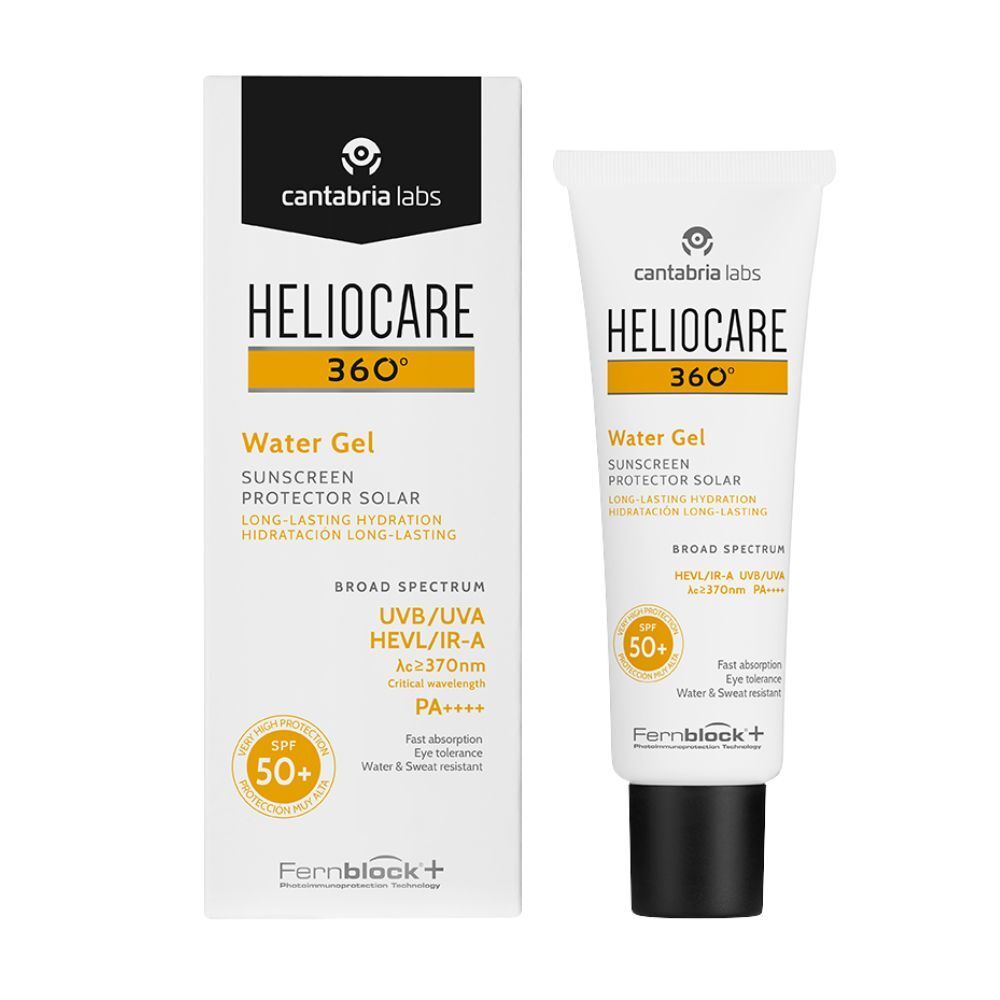Prodotto e confezione. Tubo e scatola Heliocare 360° Water Gel LSF 50+. Bianco, giallo e nero. Protezione solare.