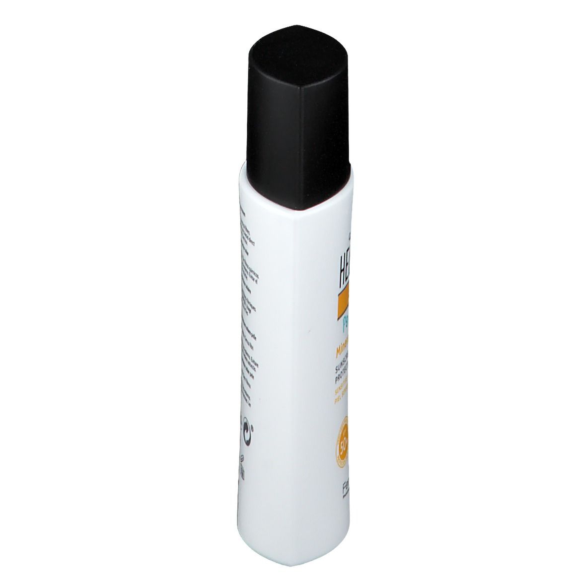 Flacon blanc, bouchon noir, vue latérale. Inscription: Heliocare 360° Pediatrics Mineral LSF 50+.