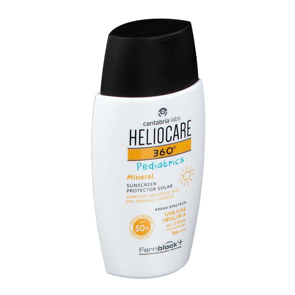 Flacon blanc, bouchon noir. Inscription: Heliocare 360° Pediatrics Mineral LSF 50+. Écran solaire.