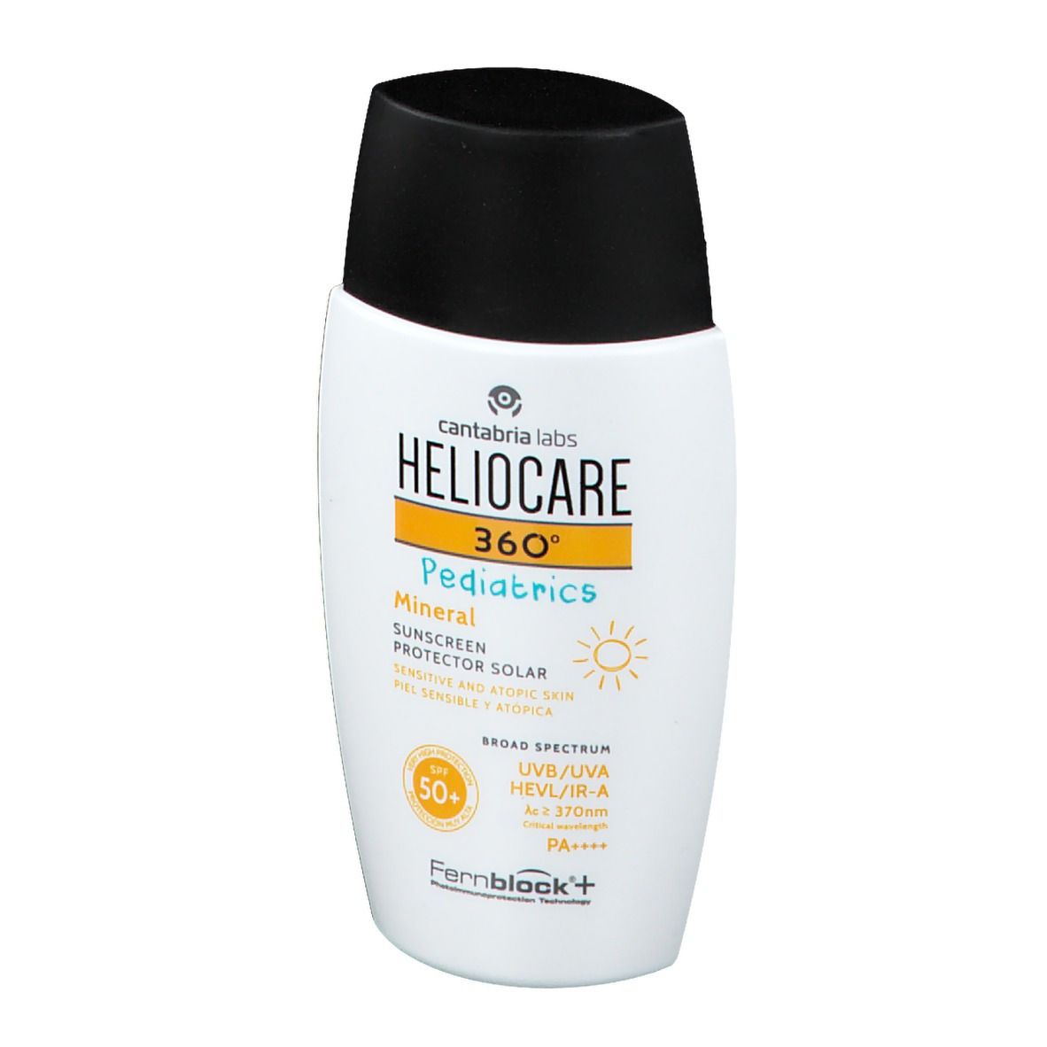 Flacon blanc, bouchon noir. Inscription: Heliocare 360° Pediatrics Mineral LSF 50+. Écran solaire.