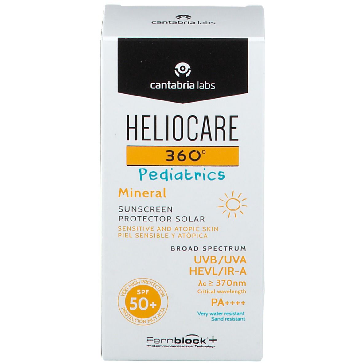 Emballage du produit. Inscription: Heliocare 360° Pediatrics Mineral LSF 50+. Écran solaire.