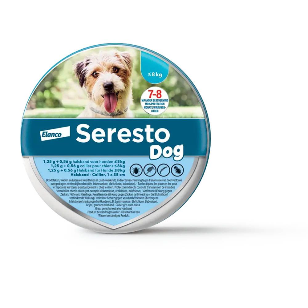Ronde verpakking Seresto Dog. Elanco logo. Foto van hond. Bescherming tegen teken en vlooien. Tot 8 kg. 7-8 maanden bescherming.