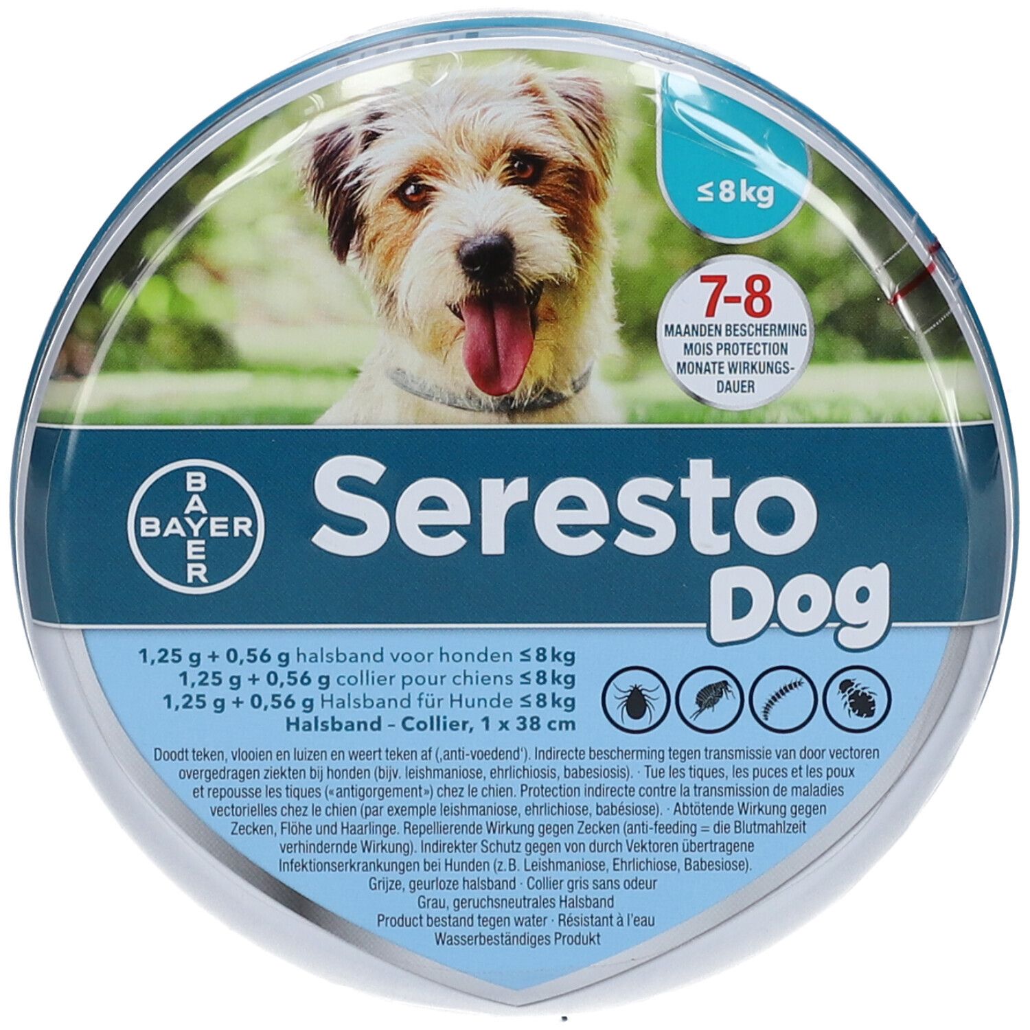 Ronde verpakking Seresto Dog. Bayer logo. Foto van hond. Bescherming tegen teken en vlooien. Tot 8 kg. 7-8 maanden bescherming.