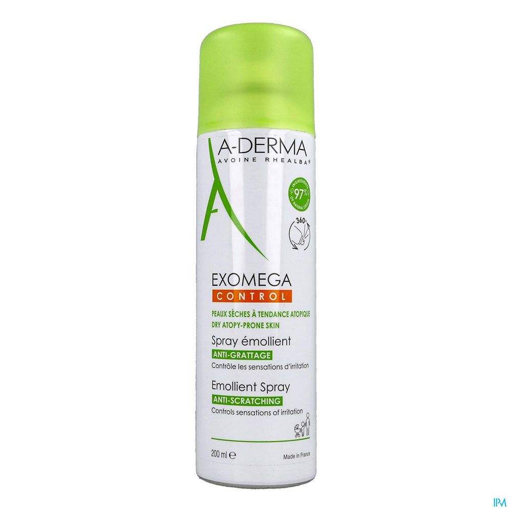 A-DERMA EXOMEGA CONTROL spray. Wit-groene spuitfles met groene dop. Tekst: EXOMEGA CONTROL, Spray émollient, Anti-Gattage.