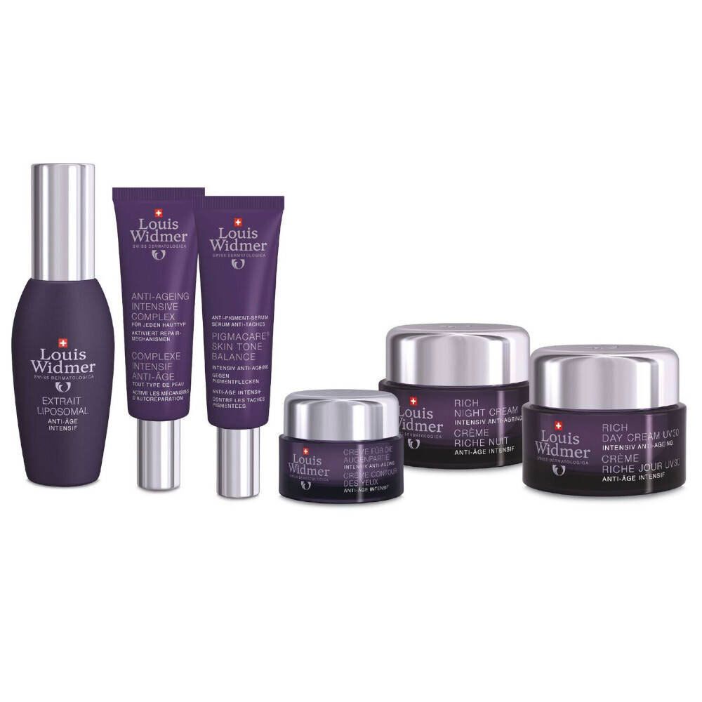 Diverse cosmetische producten: fles, tubes en potten. Opschrift: Louis Widmer. Producten in paars en zilver. Meerdere verpakkingen.