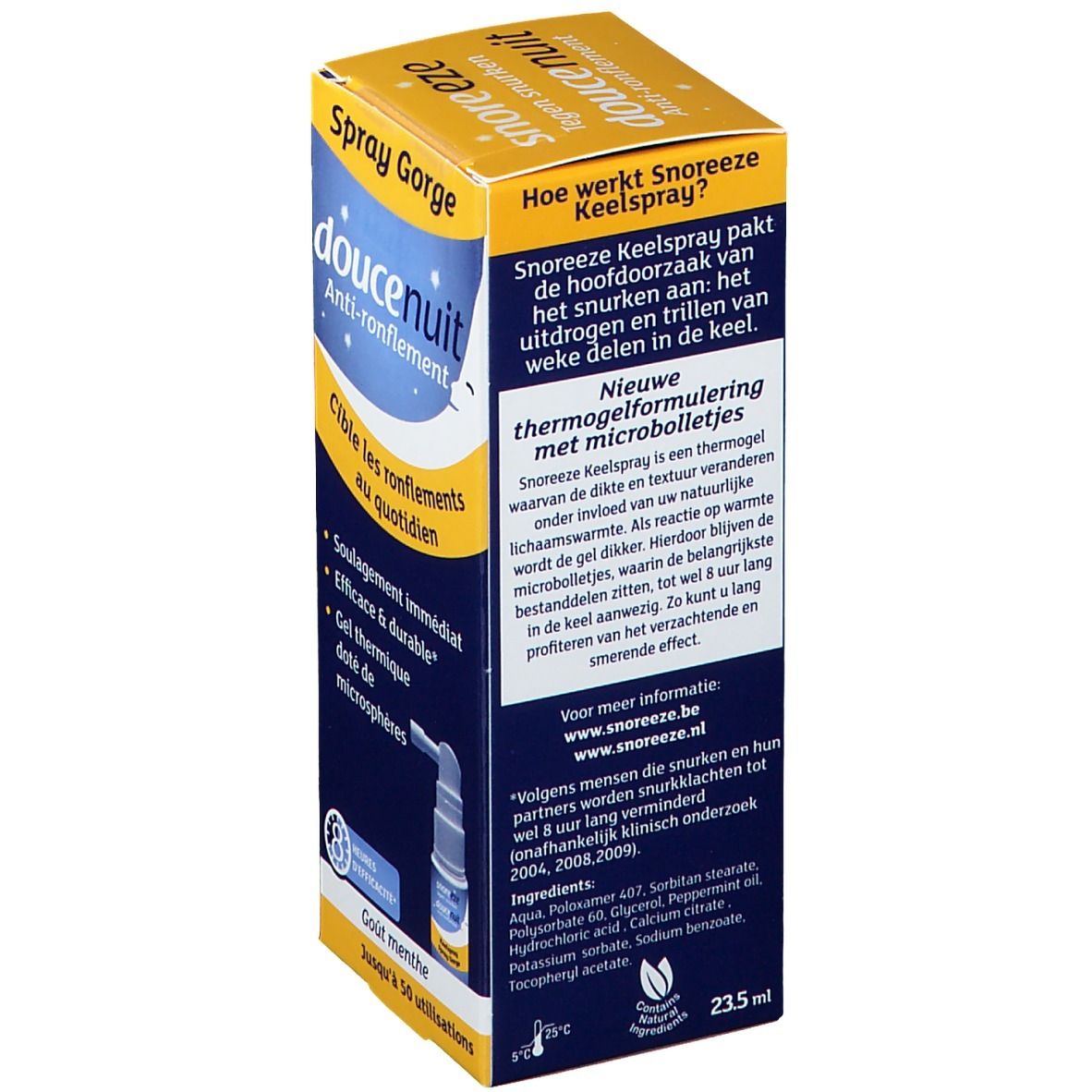 Achterkant van de Snoreeze Spray pour la Gorge verpakking. Tekst in het Nederlands, productinfo en ingrediënten.