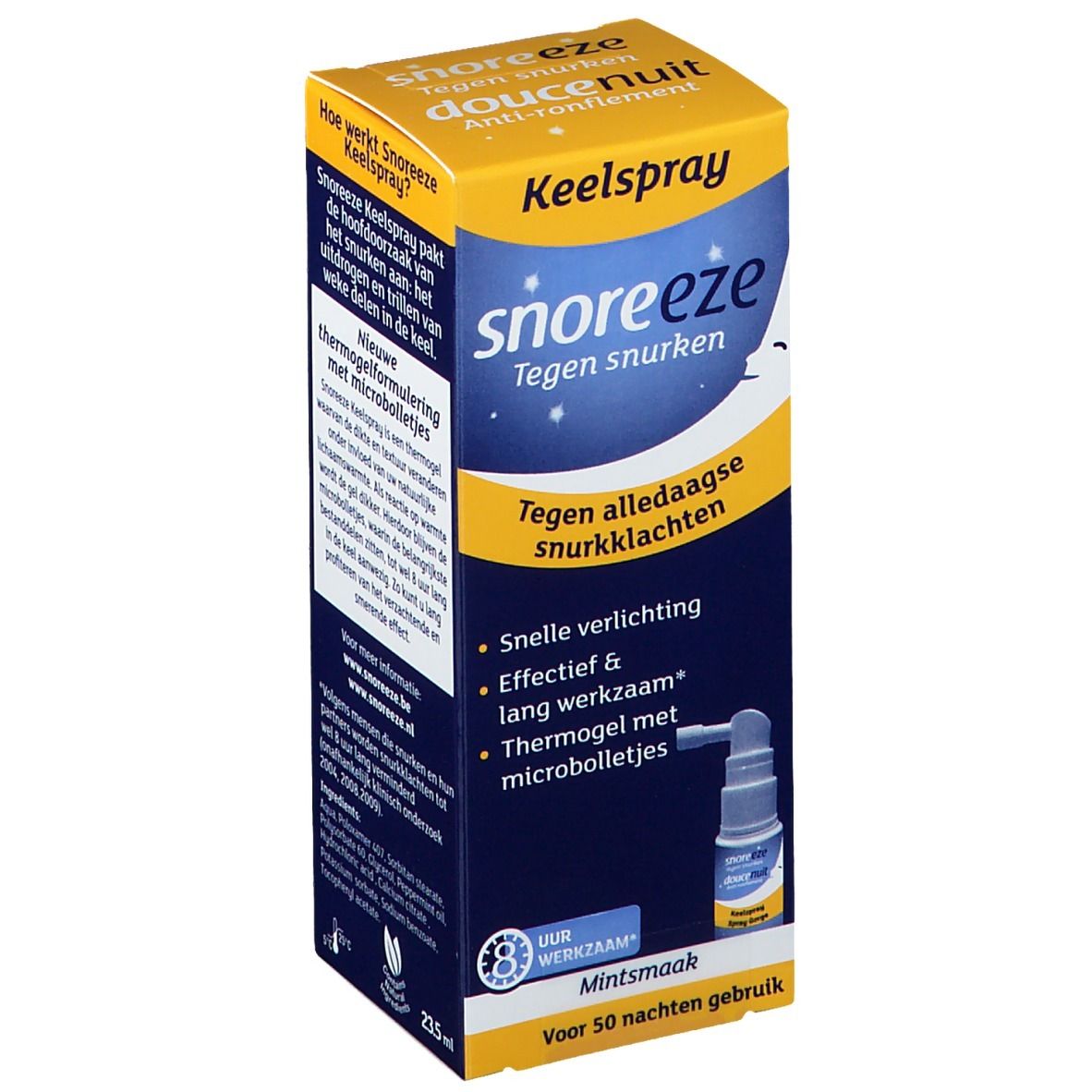 Verpakking van Snoreeze Spray pour la Gorge. Gele en blauwe doos met productinformatie en een afgebeelde spraykop.