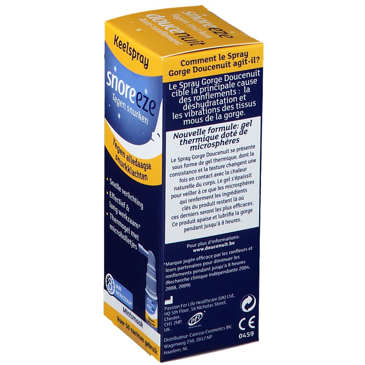 Achterkant van de Snoreeze Spray pour la Gorge verpakking. Tekst in het Nederlands, productinfo en ingrediënten.