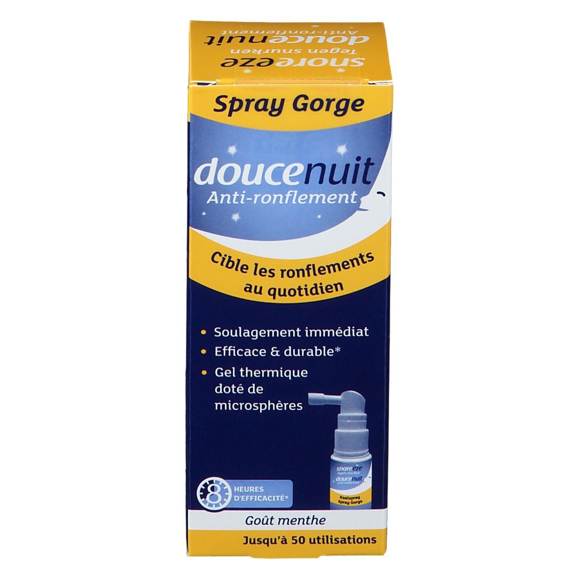 Verpakking van Snoreeze Spray pour la Gorge. Gele en blauwe doos met productinformatie en een afgebeelde spraykop.