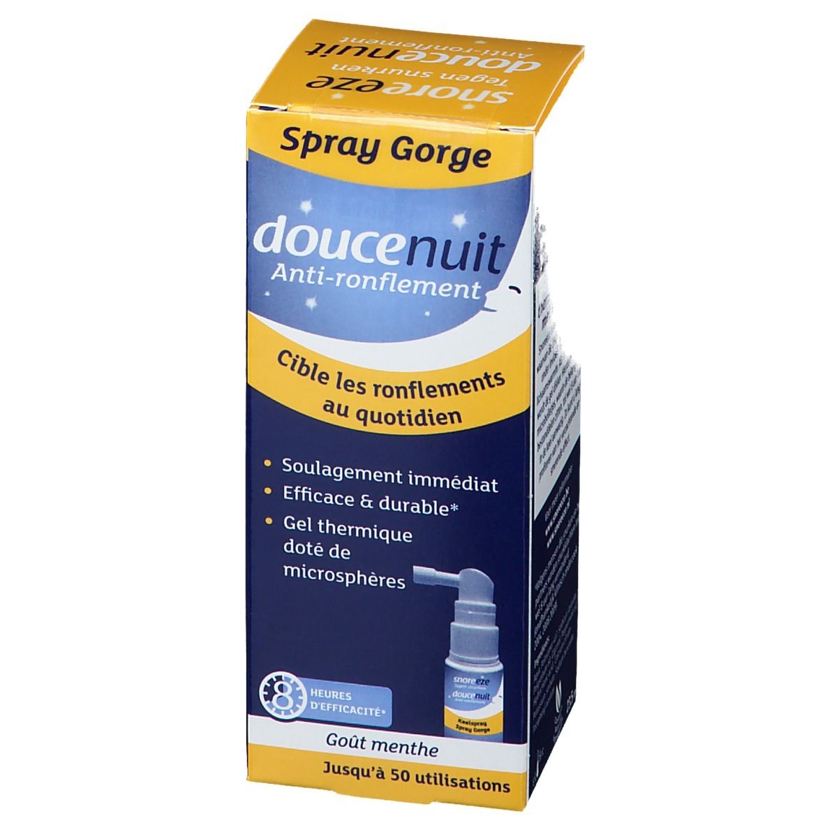 Verpakking van Snoreeze Spray pour la Gorge. Gele en blauwe doos met productinformatie en een afgebeelde spraykop.