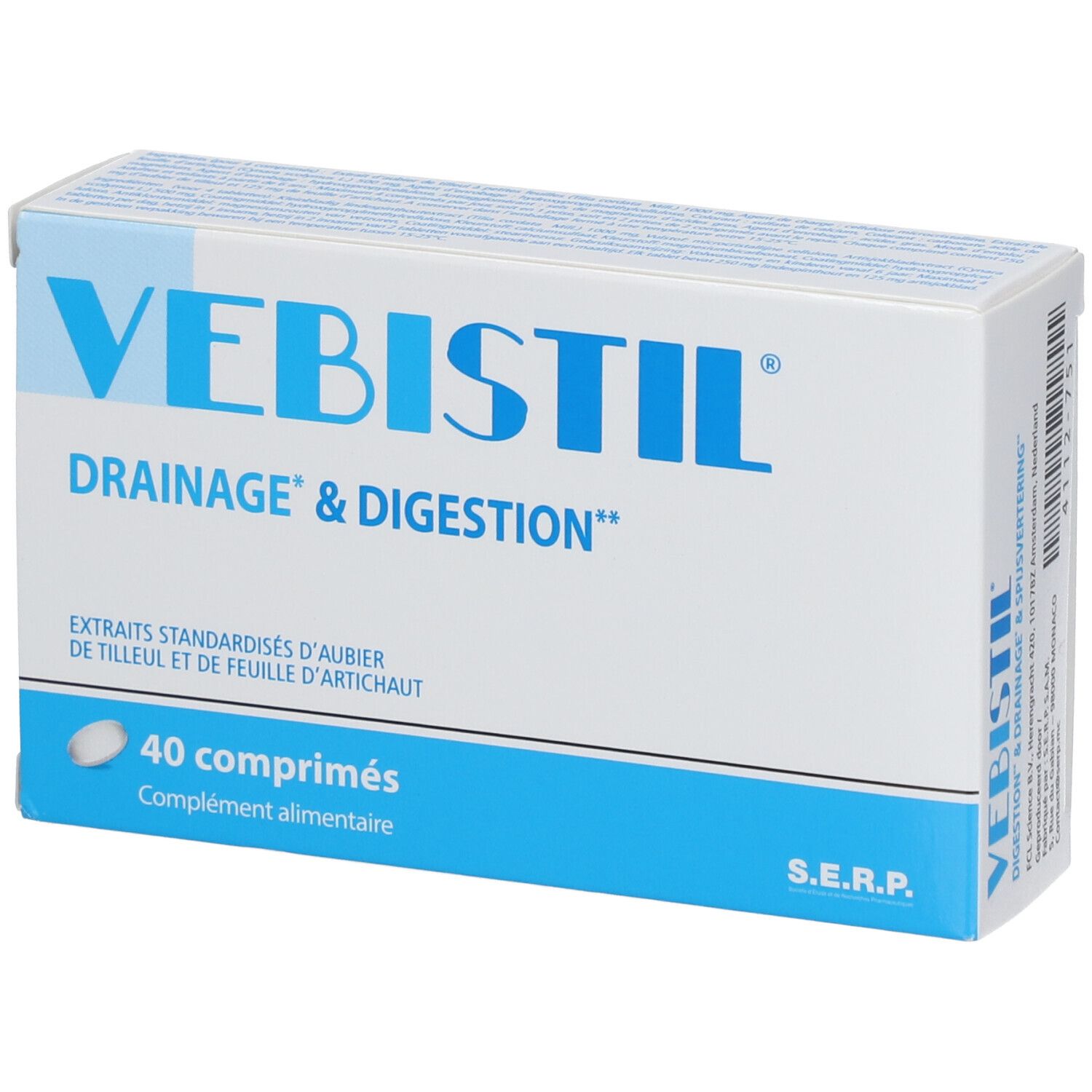 Doos "VEBISTIL", "DRAINAGE & DIGESTION". Bevat 40 tabletten. Wit en blauw ontwerp. S.E.R.P. logo.
