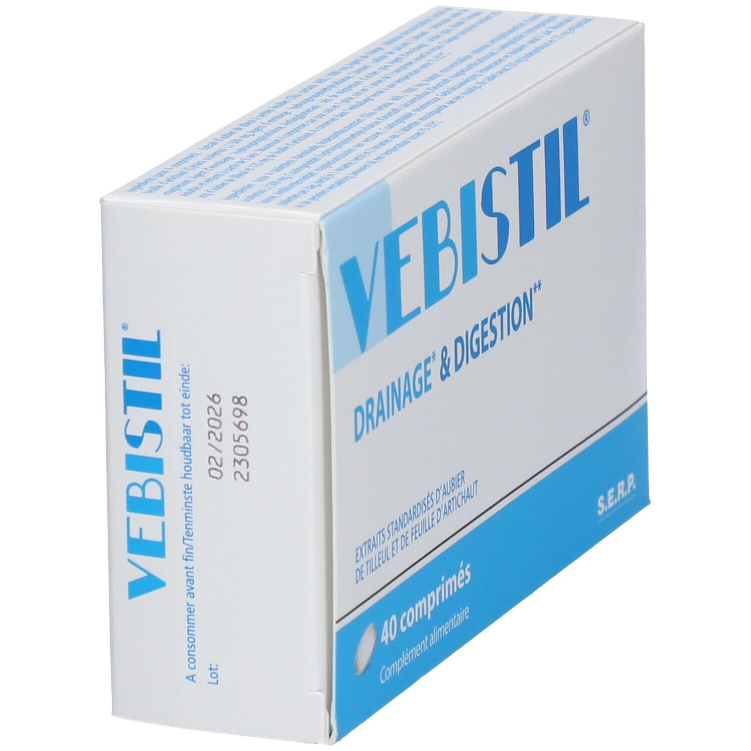 Doos "VEBISTIL". "DRAINAGE & DIGESTION". Bevat 40 tabletten. Houdbaar tot 02/2026. Wit en blauw.