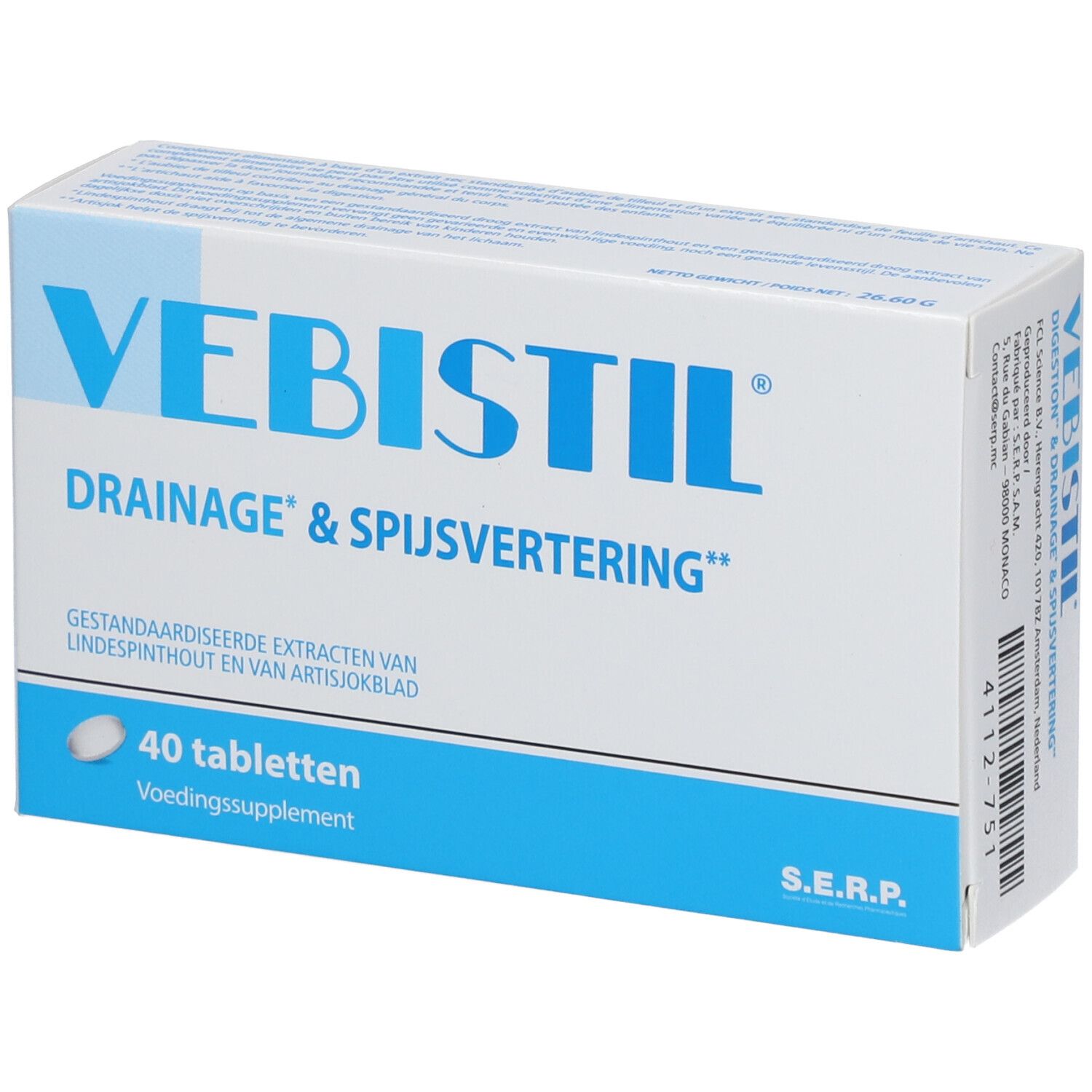 Doos "VEBISTIL", "DRAINAGE & SPIJSVERTERING". Bevat 40 tabletten. Wit en blauw ontwerp. S.E.R.P. logo.