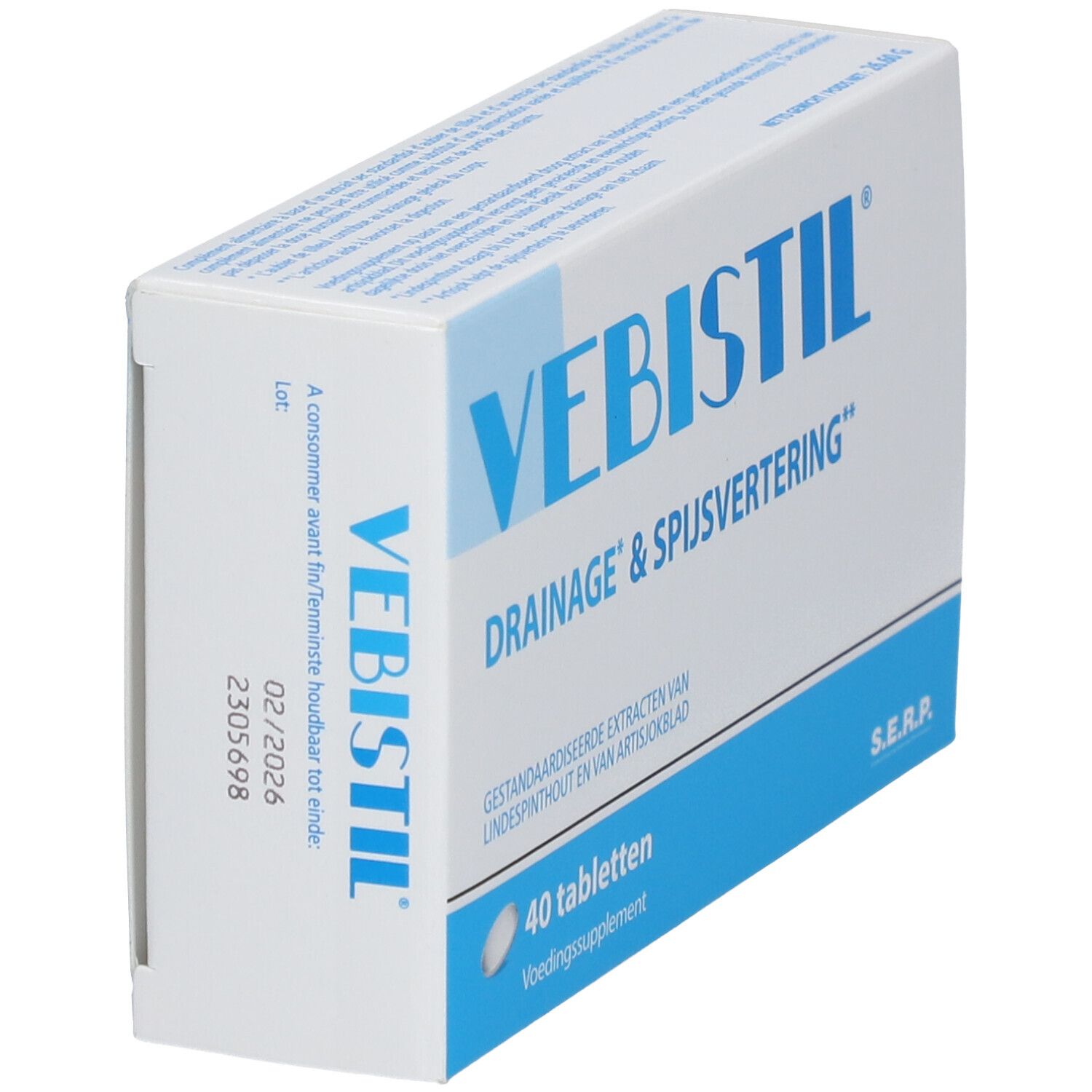 Doos "VEBISTIL". "DRAINAGE & SPIJSVERTERING". Bevat 40 tabletten. Houdbaar tot 02/2026. Wit en blauw.