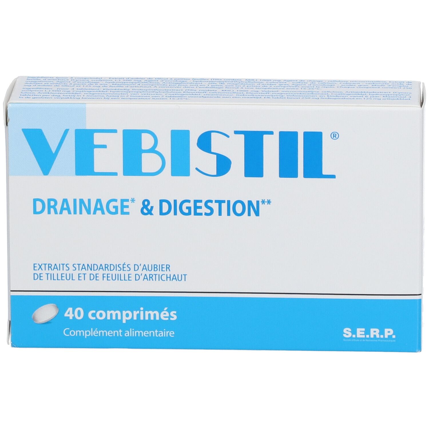 Doos "VEBISTIL", "DRAINAGE & DIGESTION". Bevat 40 tabletten. Wit en blauw ontwerp. S.E.R.P. logo.