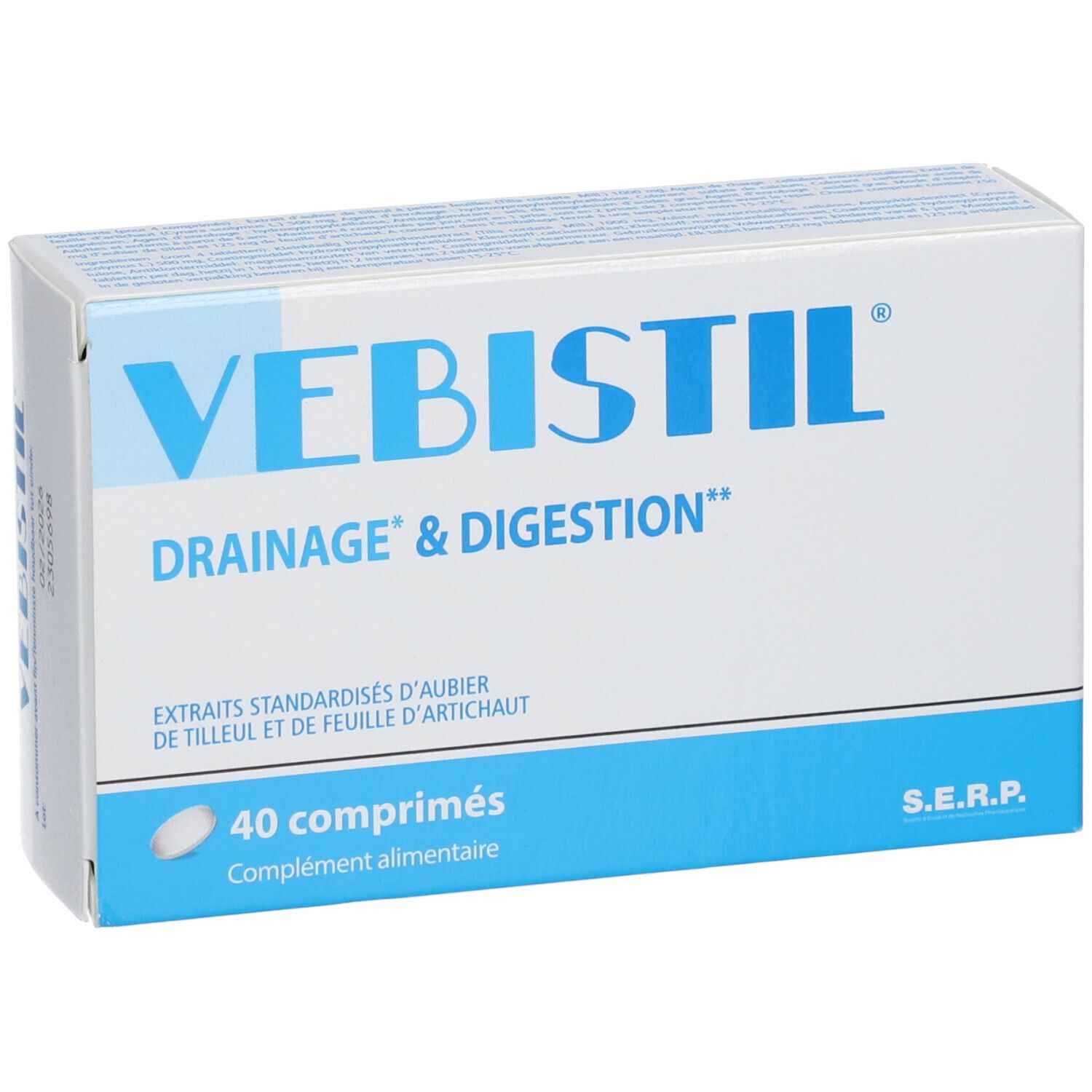 Doos "VEBISTIL", "DRAINAGE & DIGESTION". Bevat 40 tabletten. Wit en blauw ontwerp. S.E.R.P. logo.