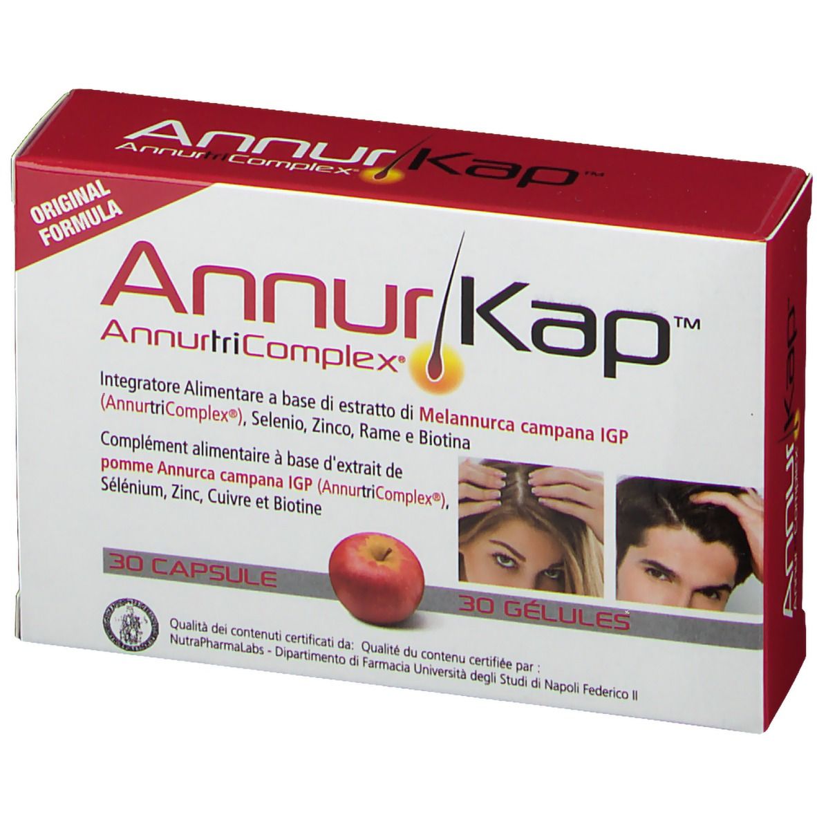 Boîte AnnurKap. Inscription: AnnurKap, AnnurKap, 30 gélules. Image d'une pomme et de personnes avec des cheveux.