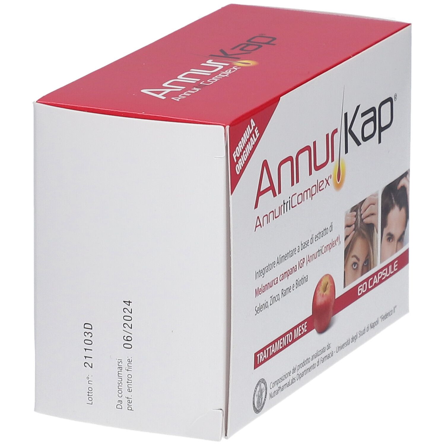 Boîte blanche et rouge AnnurKap. Texte: AnnurKap, AnnurtriComplex, 60 capsules. Images de cheveux et une pomme. Date de péremption.