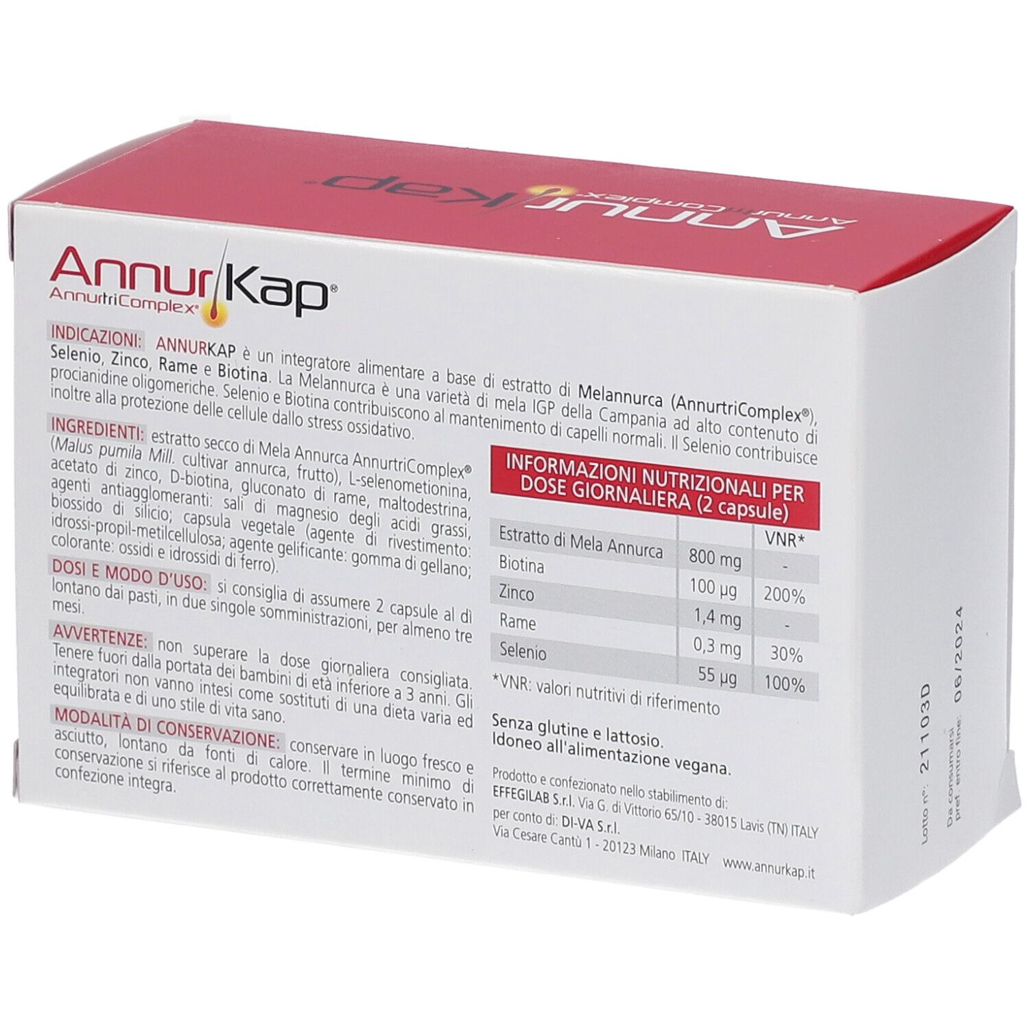 Boîte blanche et rouge AnnurKap. Texte: AnnurKap, AnnurtriComplex, ingrédients, dosage, informations nutritionnelles. Arrière de l'emballage.