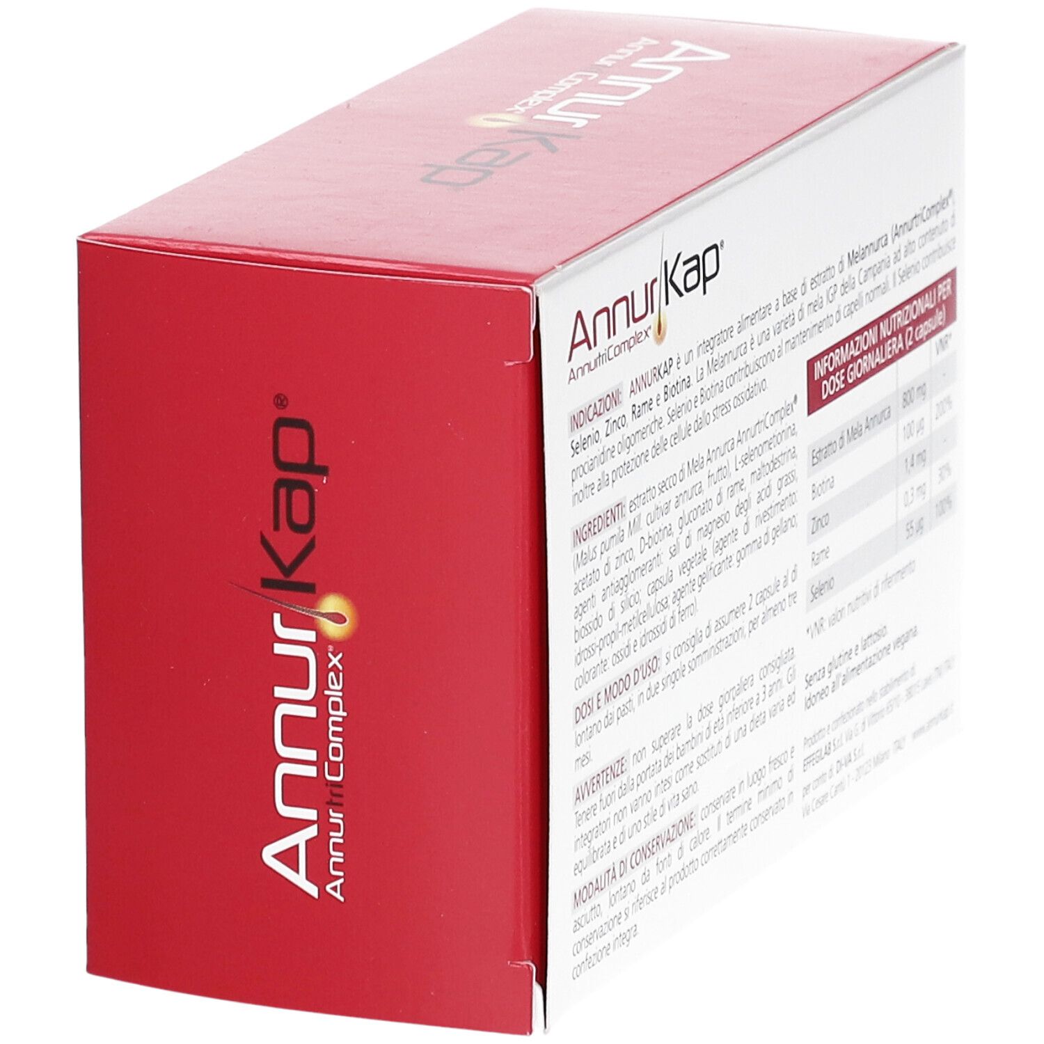 Boîte rouge et blanche AnnurKap. Texte: AnnurKap, AnnurtriComplex. Arrière de l'emballage avec ingrédients et informations nutritionnelles.