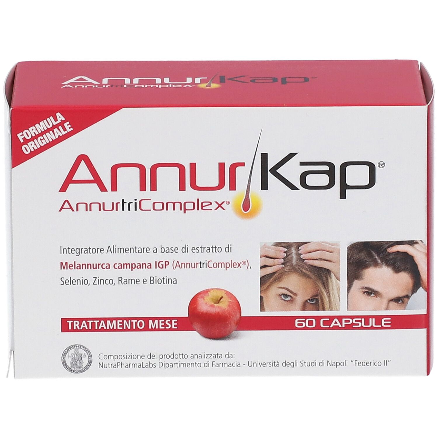 Boîte rouge et blanche AnnurKap. Texte: AnnurKap, AnnurtriComplex, 60 capsules. Images de cheveux et une pomme. Informations nutritionnelles.