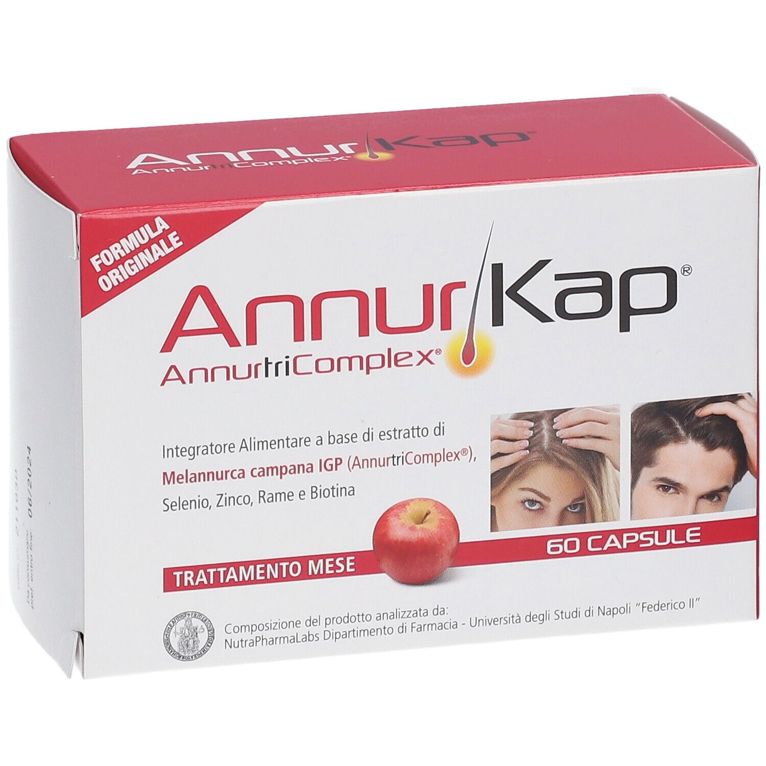 Boîte rouge et blanche AnnurKap. Texte: AnnurKap, AnnurtriComplex, 60 capsules. Images de cheveux et une pomme. Informations nutritionnelles.