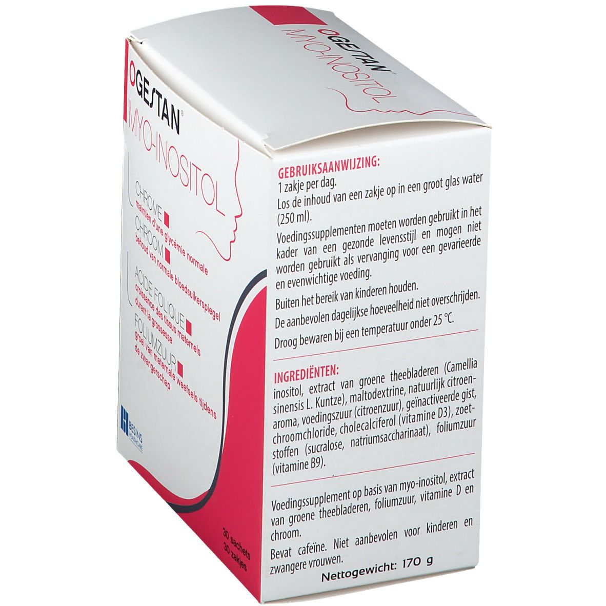 Detail van de Ogestan Myo-Inositol verpakking. Bevat 30 zakjes. Ingrediënten en gebruiksaanwijzing. Besins Healthcare logo.