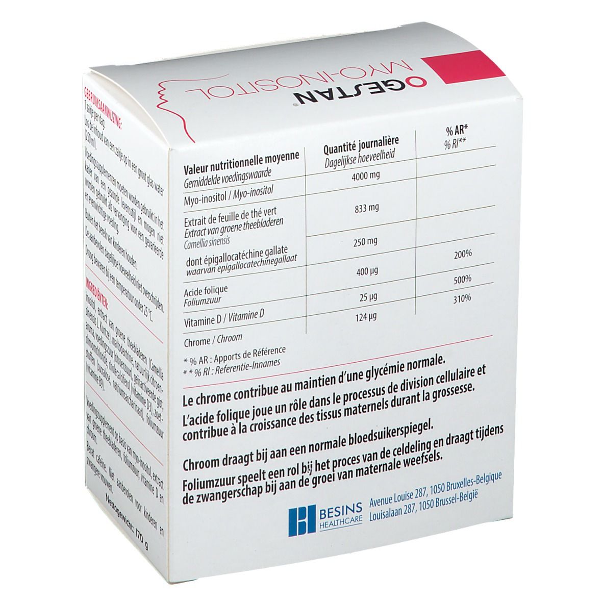 Detail van de Ogestan Myo-Inositol verpakking. Voedingstabel. Bevat myo-inositol, foliumzuur, vitamine D en chroom. Besins Healthcare logo.