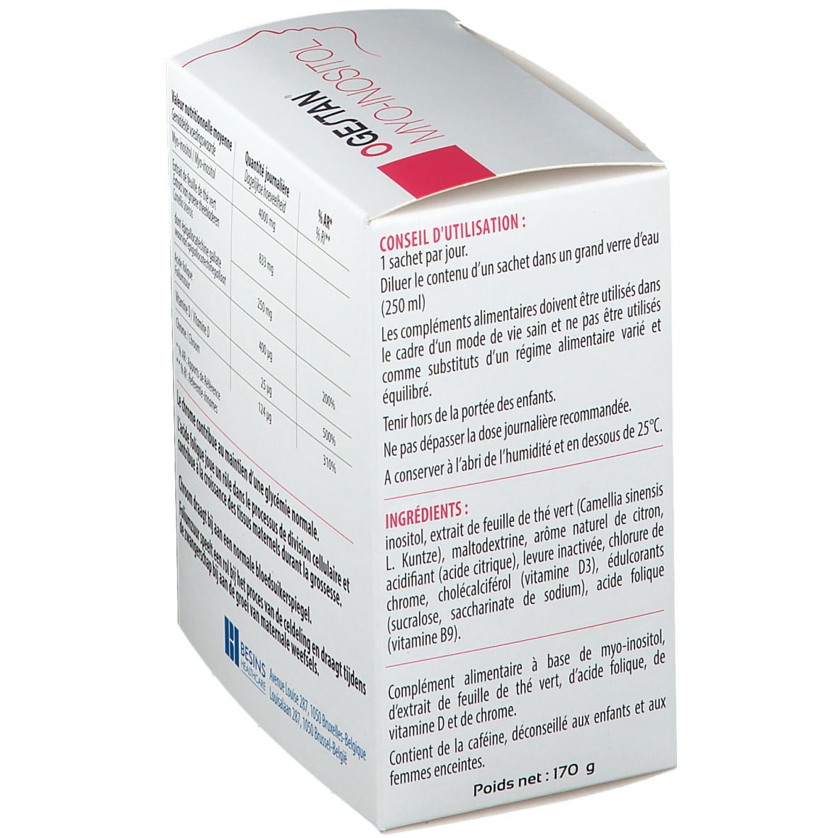 Detail van de Ogestan Myo-Inositol verpakking. Gebruiksaanwijzing en ingrediënten. Nettogewicht: 170 g. Besins Healthcare logo.