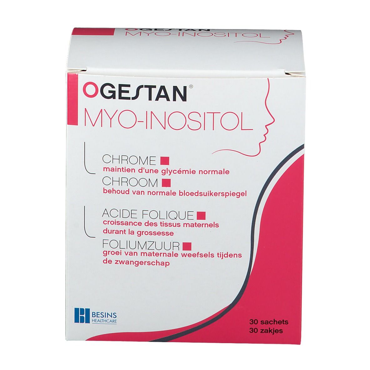 Verpakking Ogestan Myo-Inositol met 30 zakjes. Opschriften: Chrome, Acide folique, Foliumzuur. Besins Healthcare logo.