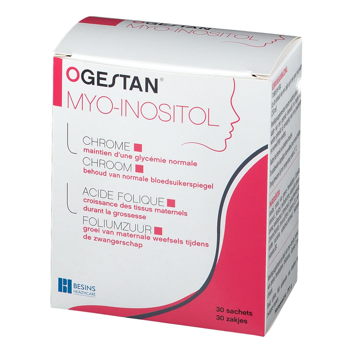 Verpakking Ogestan Myo-Inositol met 30 zakjes. Opschriften: Chrome, Acide folique, Foliumzuur. Besins Healthcare logo.