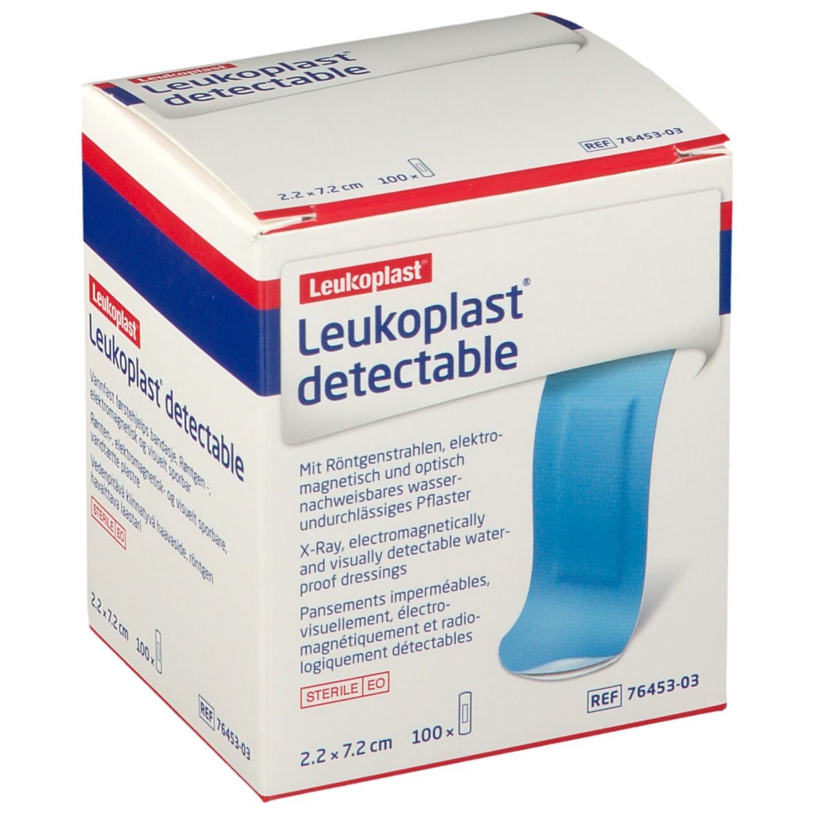Verpakking met Leukoplast detectable pleisters. Blauwe pleisters zichtbaar. Afmeting: 2,2 x 7,2 cm, 100 stuks. Steriel.