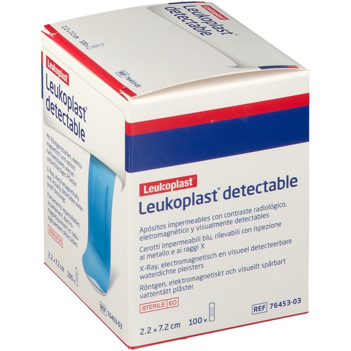 Verpakking met Leukoplast detectable pleisters. Blauwe pleisters zichtbaar. Afmeting: 2,2 x 7,2 cm, 100 stuks. Steriel.